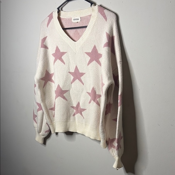 ADORA Cream and Pink Star V-Neck Sweater - Picture 4 of 6